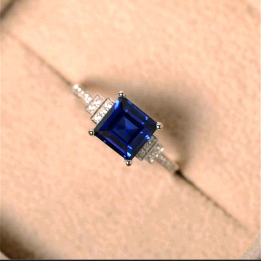 NEW 925 Silver Princess Square Blue Sapphire Ring - Picture 4 of 6